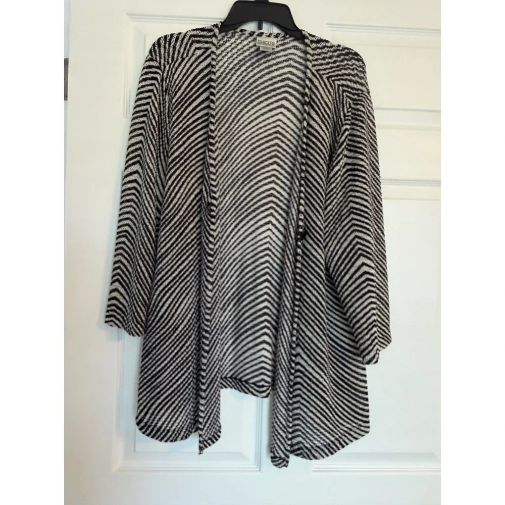 Chico's Black White Chevron Zig Zag Open Front Cardigan Sweater Size 3 XL